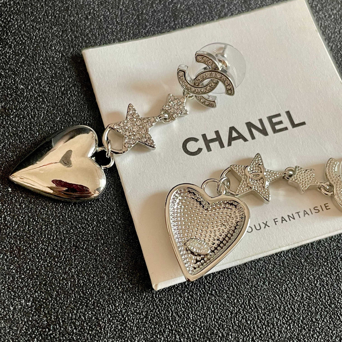Double-C Emblem Statement Earrings in Polished Metal-Tone – Heart Detail – Design 002 main product view