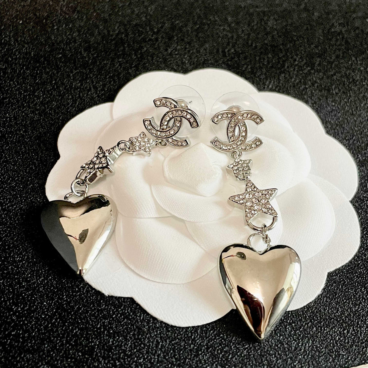 Double-C Emblem Statement Earrings in Polished Metal-Tone – Heart Detail – Design 002 front product view
