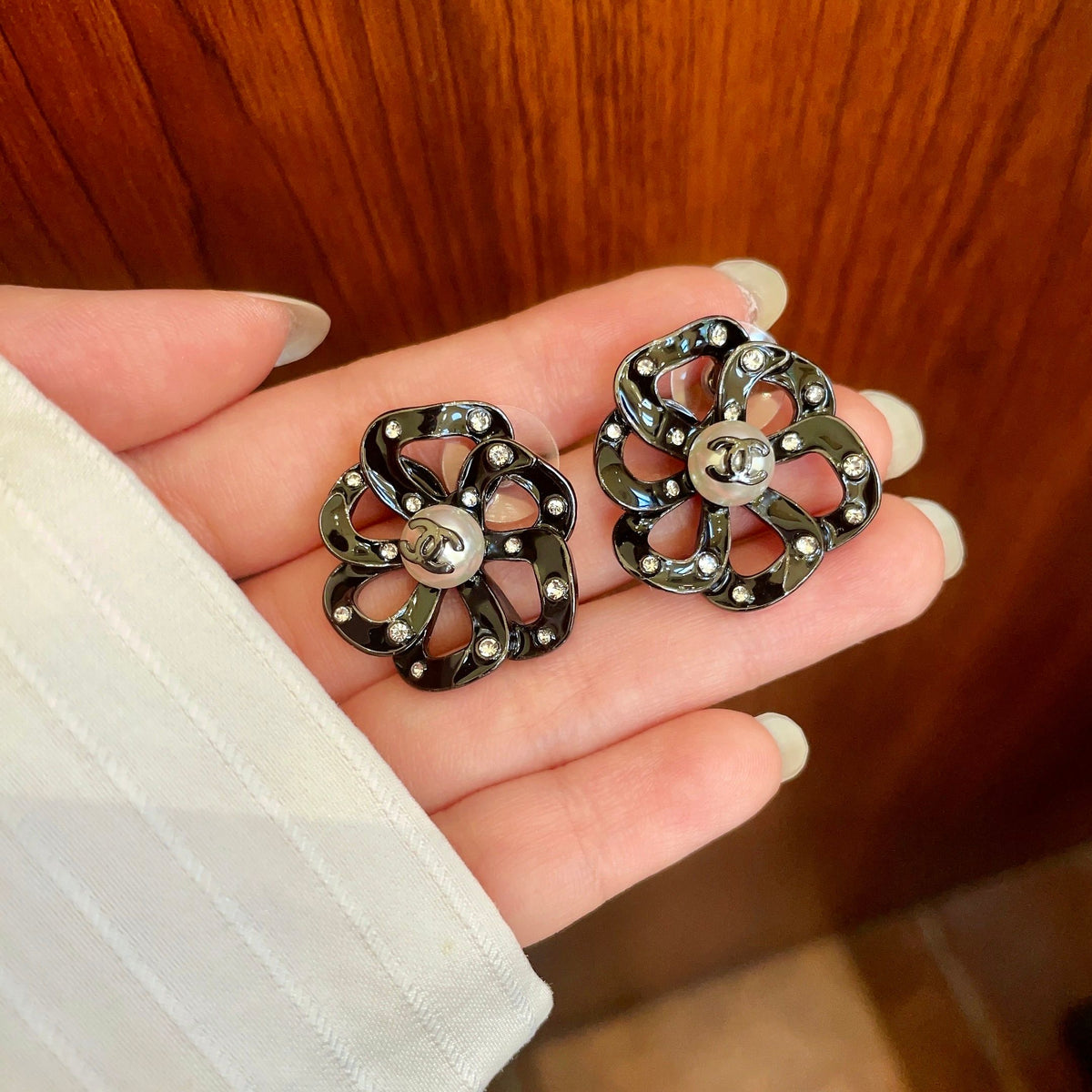 Camellia Stud Earrings in Polished Metal-Tone – Camellia Detail – Design 015 side detail