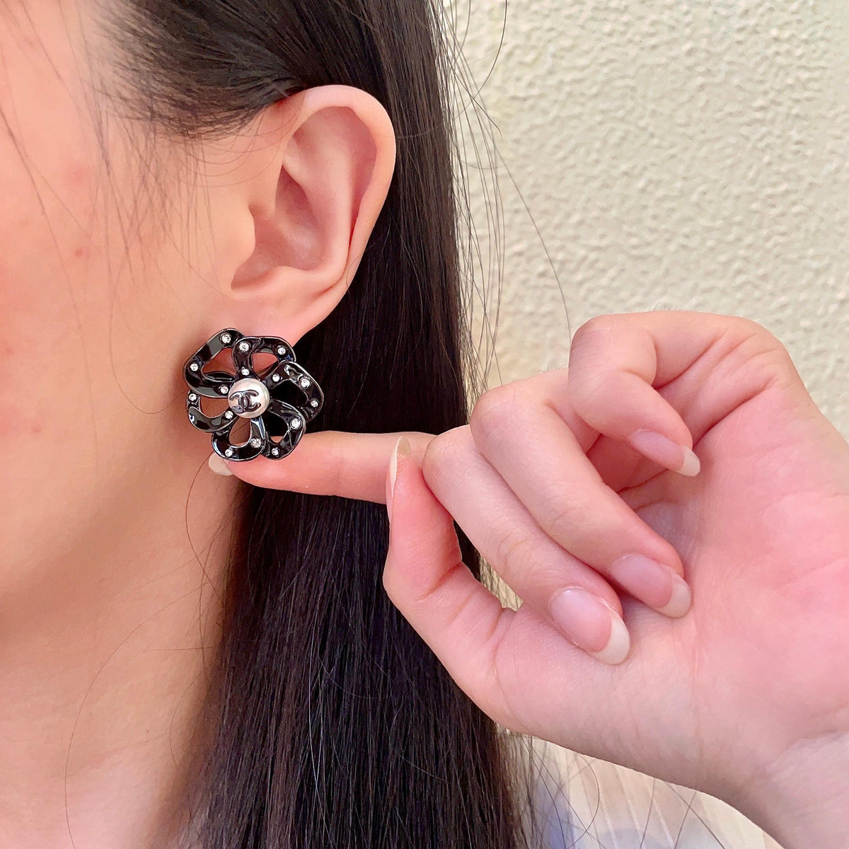 Camellia Stud Earrings in Polished Metal-Tone – Camellia Detail – Design 015 front product view