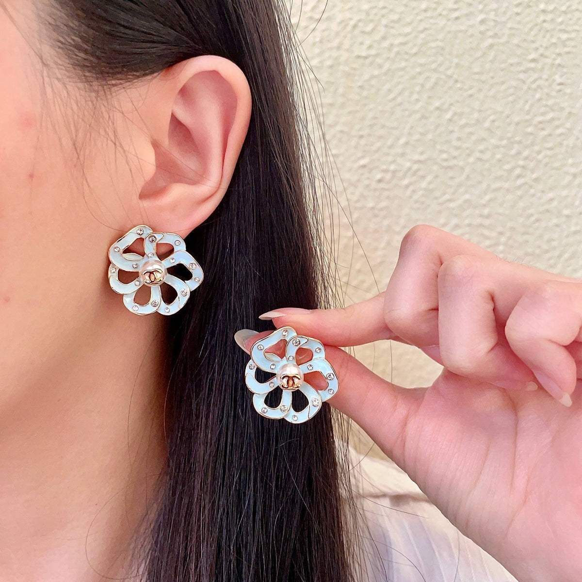 Camellia Stud Earrings in Polished Metal-Tone – Camellia Detail – Design 007 main product view