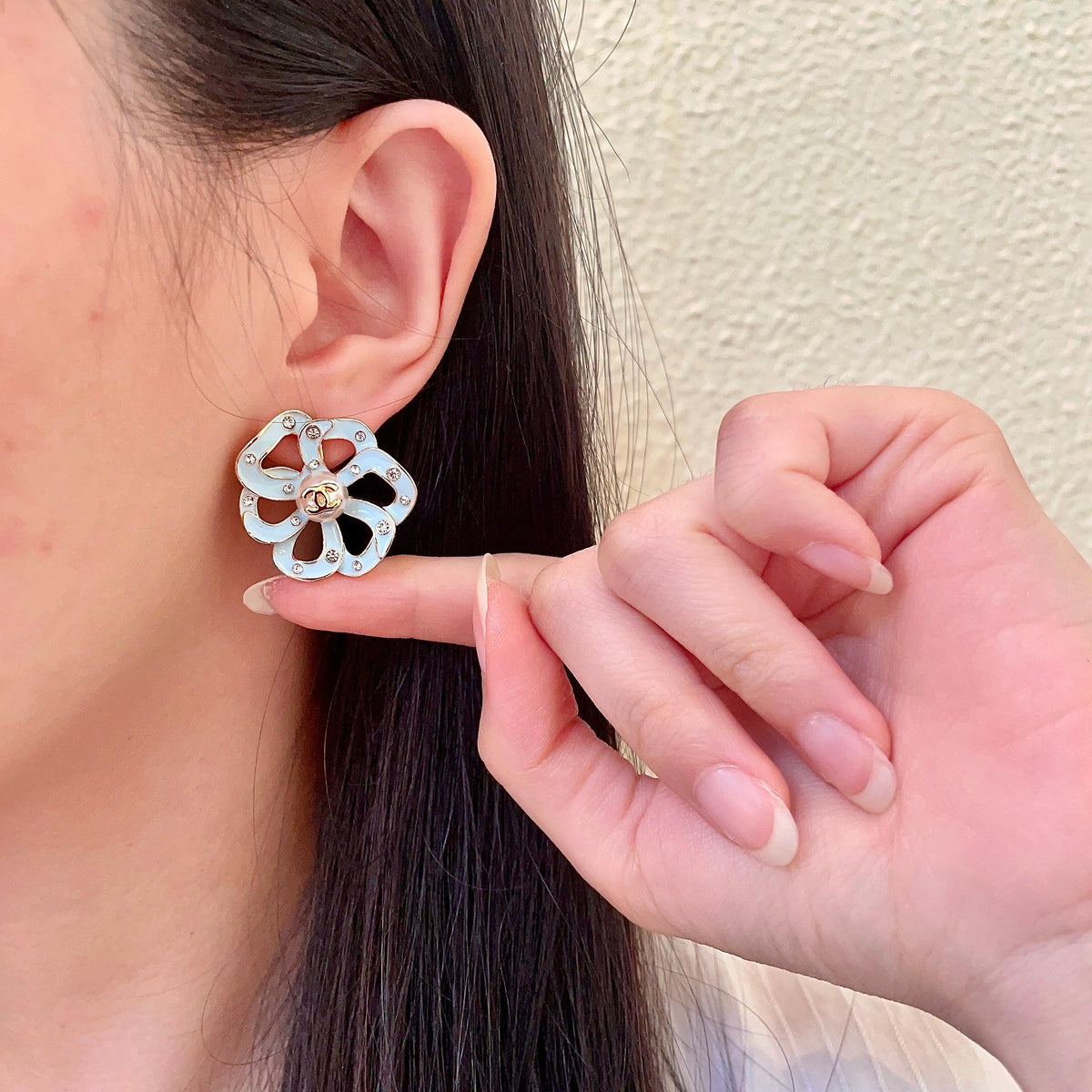Camellia Stud Earrings in Polished Metal-Tone – Camellia Detail – Design 004 front product view