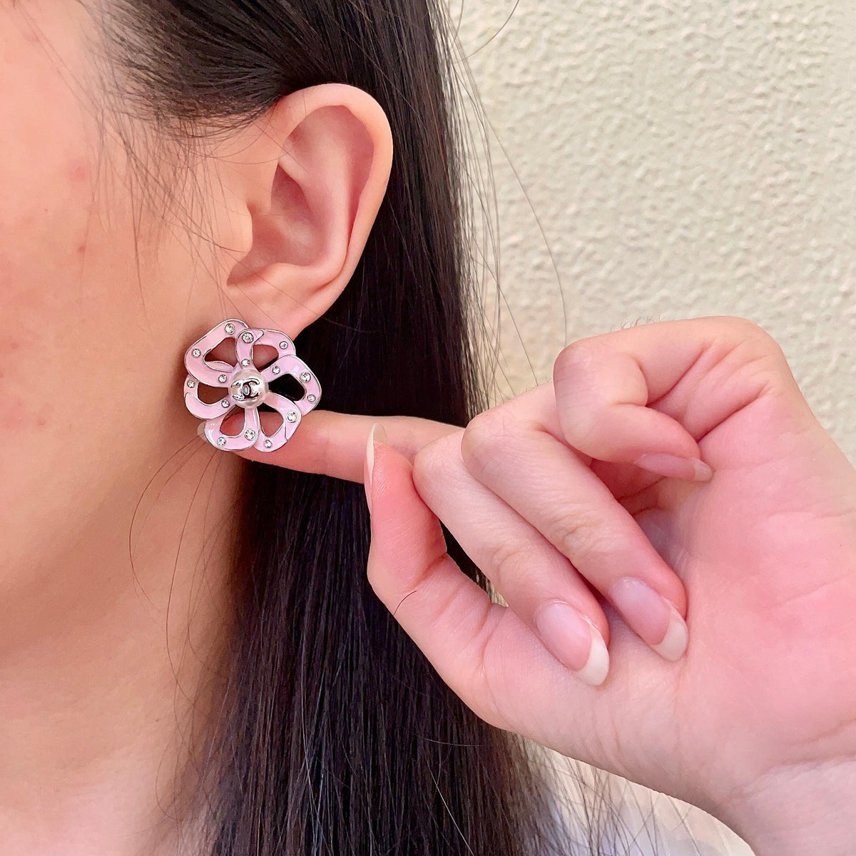 Camellia Stud Earrings in Polished Metal-Tone – Camellia Detail – Design 006 front product view