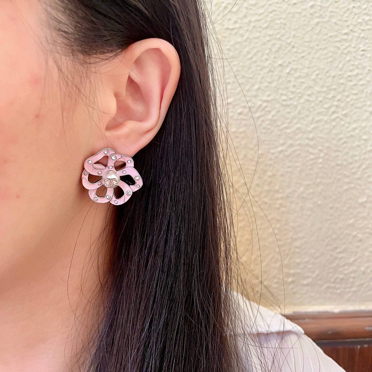 Camellia Stud Earrings in Polished Metal-Tone – Camellia Detail – Design 006 detail view