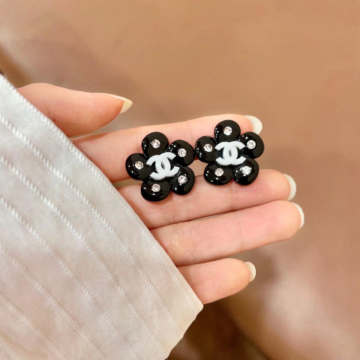 Camellia Stud Earrings in Polished Metal-Tone – Camellia Detail – Design 047 side detail