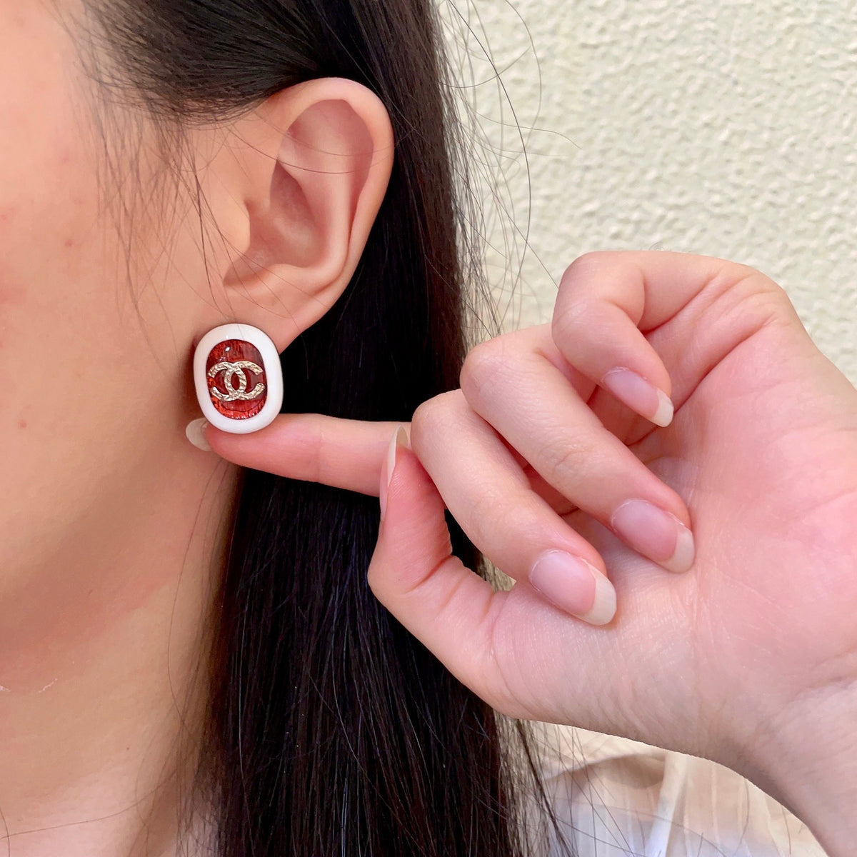 Double-C Emblem Stud Earrings in Polished Metal-Tone – Design 417 front product view