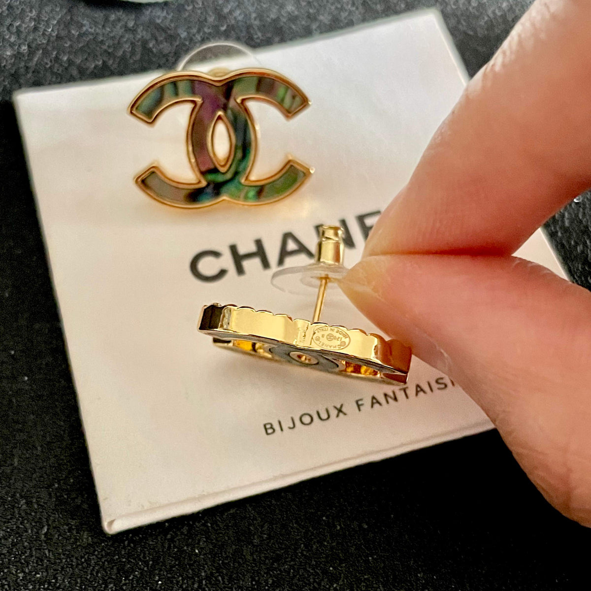 Double-C Emblem Stud Earrings in Polished Metal-Tone – Design 301 main product view
