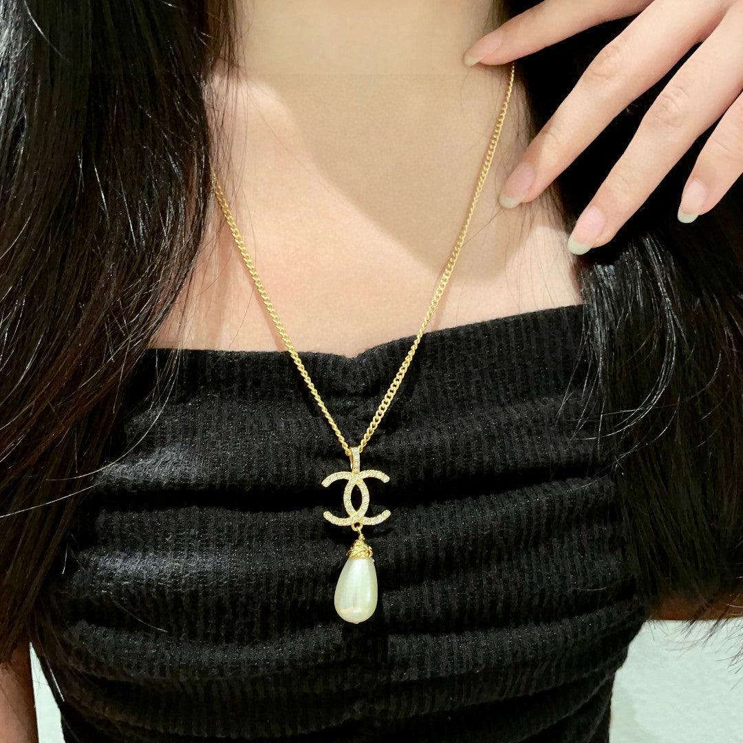 Double-C Emblem Pearl-Detail Pendant Necklace – Pearl Detail – Design 131 main product view