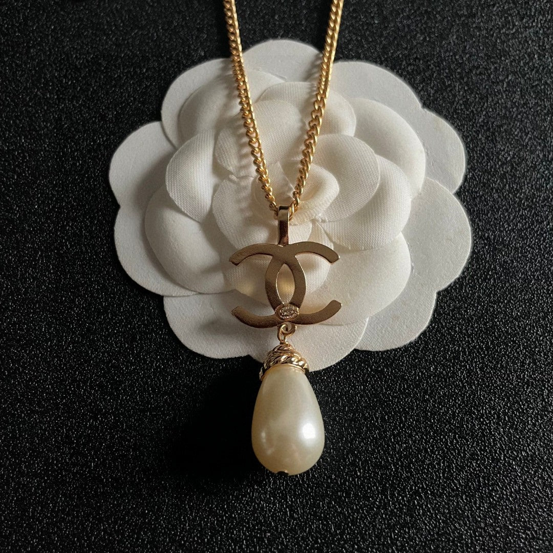Double-C Emblem Pearl-Detail Pendant Necklace – Pearl Detail – Design 129 front product view