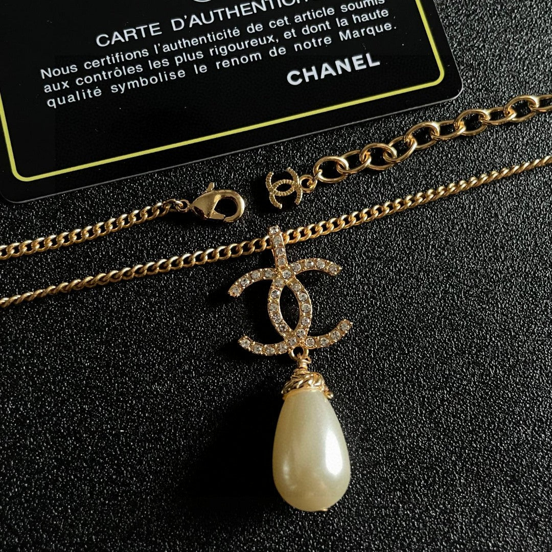 Double-C Emblem Pearl-Detail Pendant Necklace – Pearl Detail – Design 129 main product view