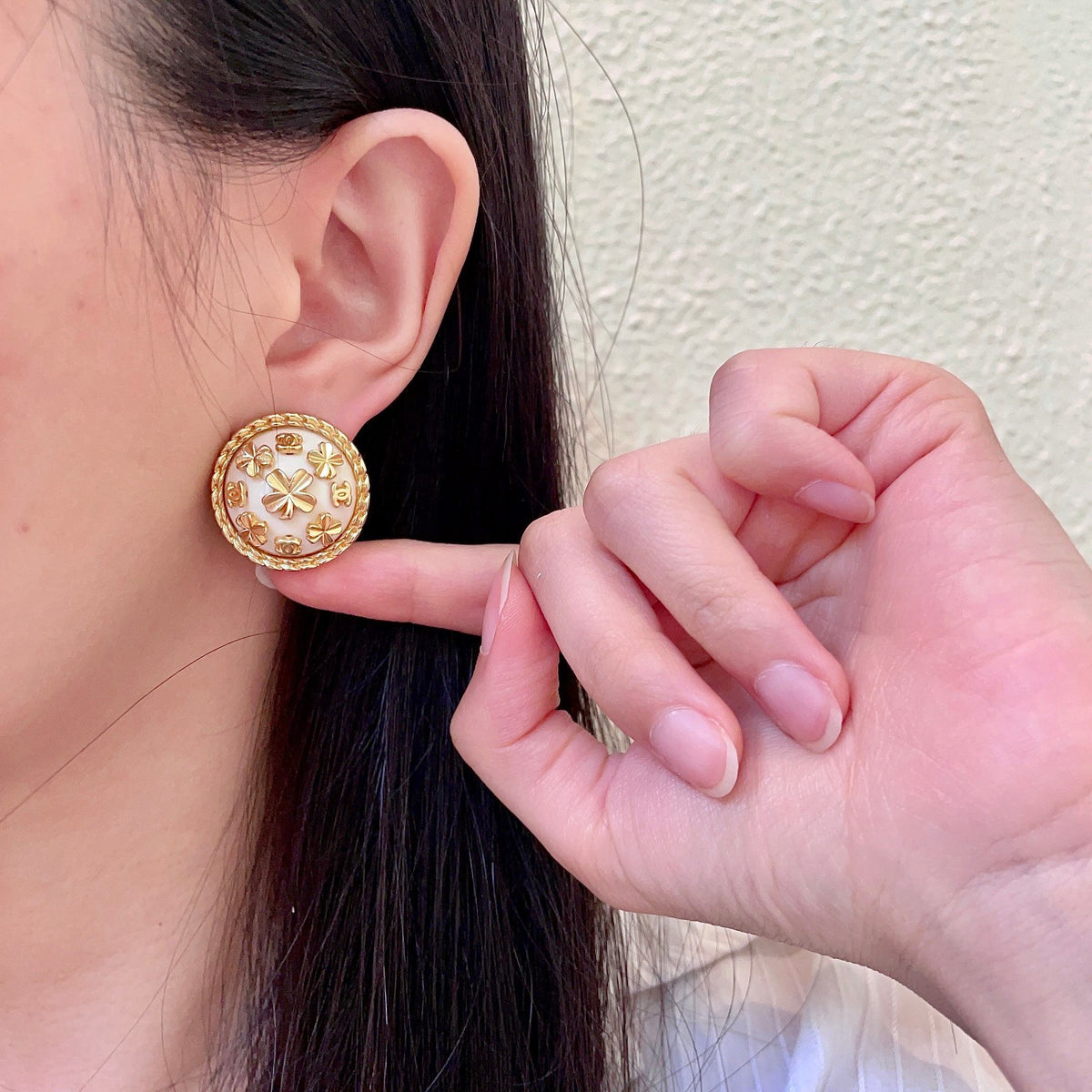 Camellia Stud Earrings in Polished Metal-Tone – Camellia Detail – Design 018 front product view