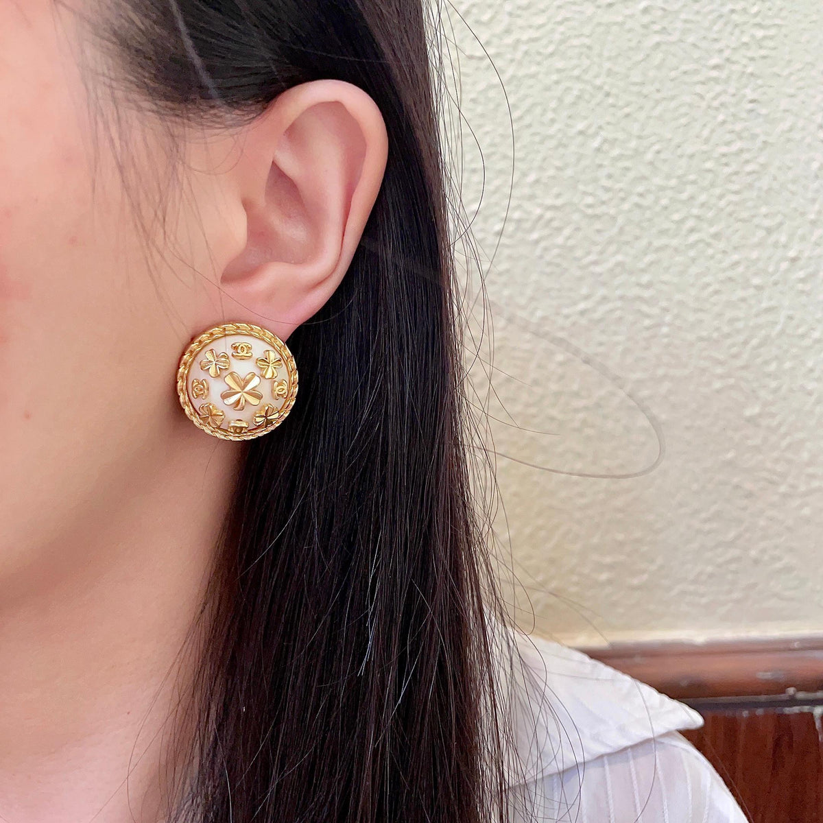 Camellia Stud Earrings in Polished Metal-Tone – Camellia Detail – Design 018 detail view