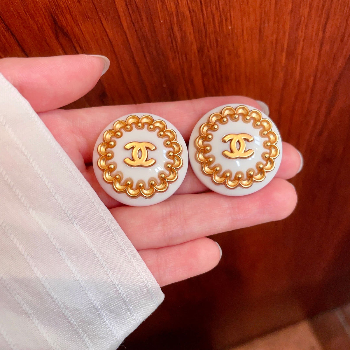 Double-C Emblem Stud Earrings in Polished Metal-Tone – Design 411 side detail