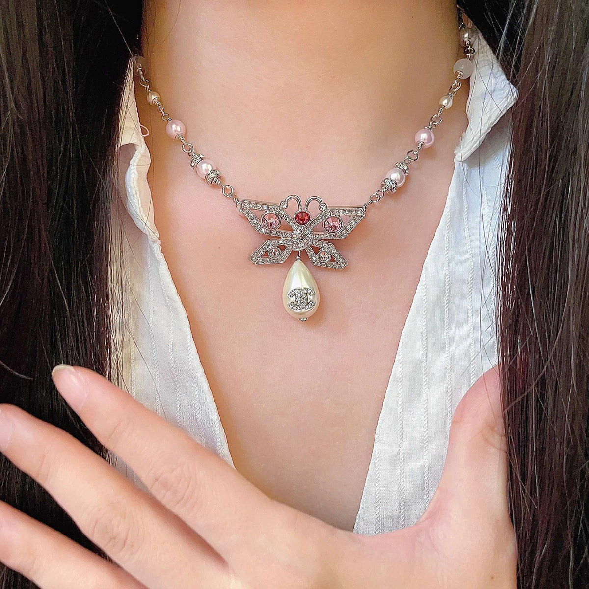 Double-C Emblem Pearl-Detail Pendant Necklace – Pearl Detail – Design 133 front product view