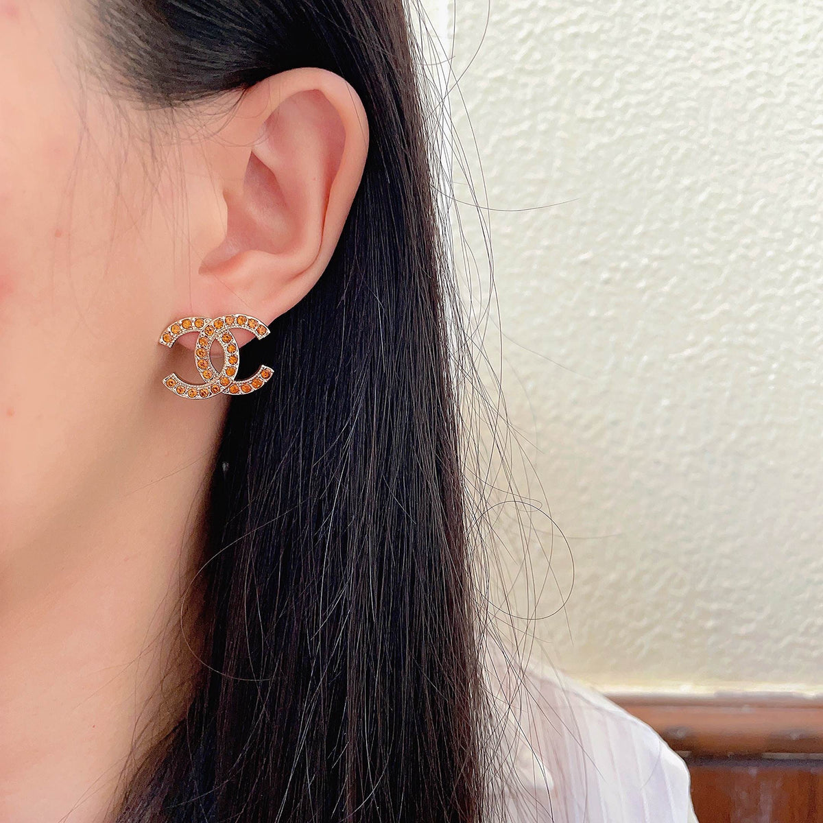 Double-C Emblem Crystal-Accent Stud Earrings – Design 023 detail view