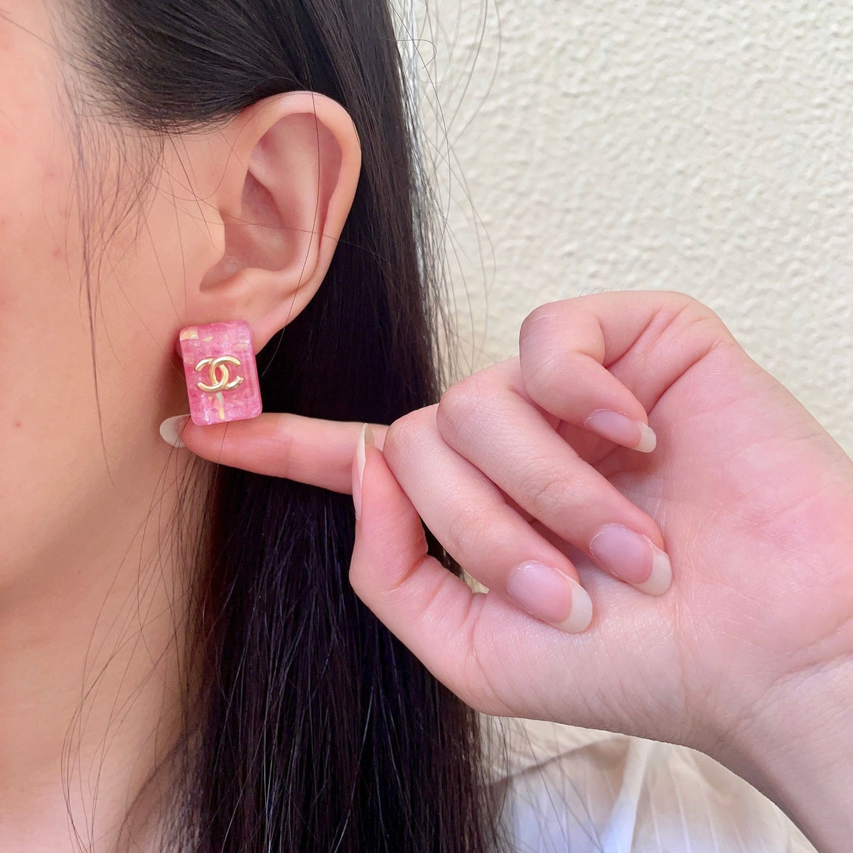 Double-C Emblem Stud Earrings in Polished Metal-Tone – Design 409 front product view