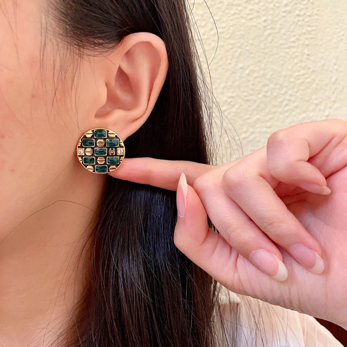 Double-C Emblem Stud Earrings in Polished Metal-Tone – Design 454 front product view