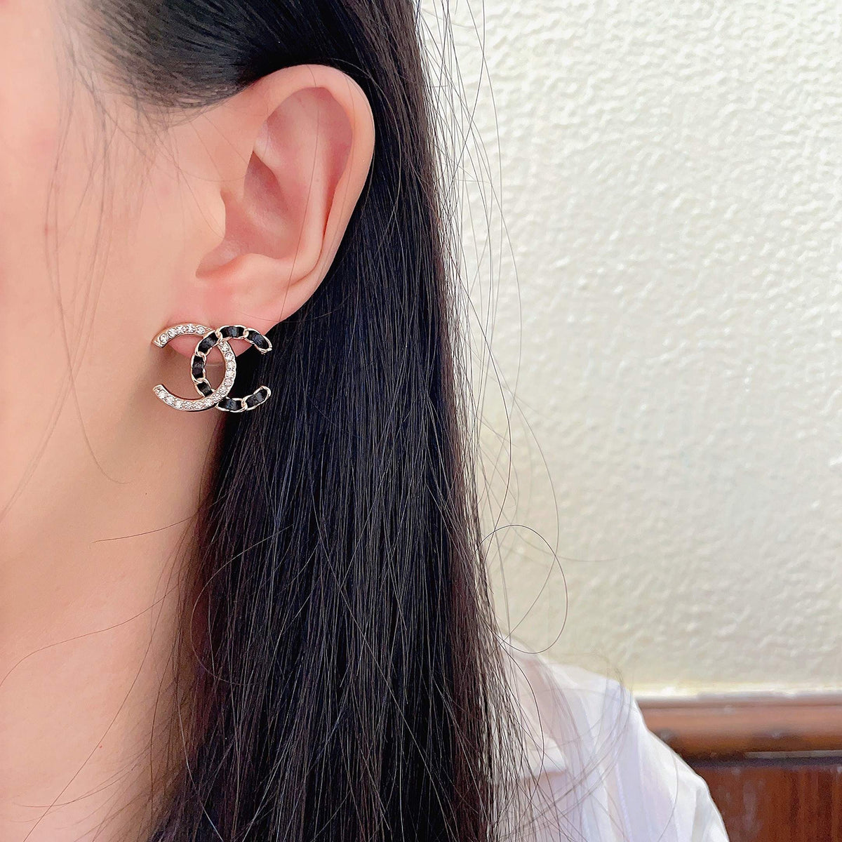 Double-C Emblem Crystal-Accent Stud Earrings – Design 011 detail view