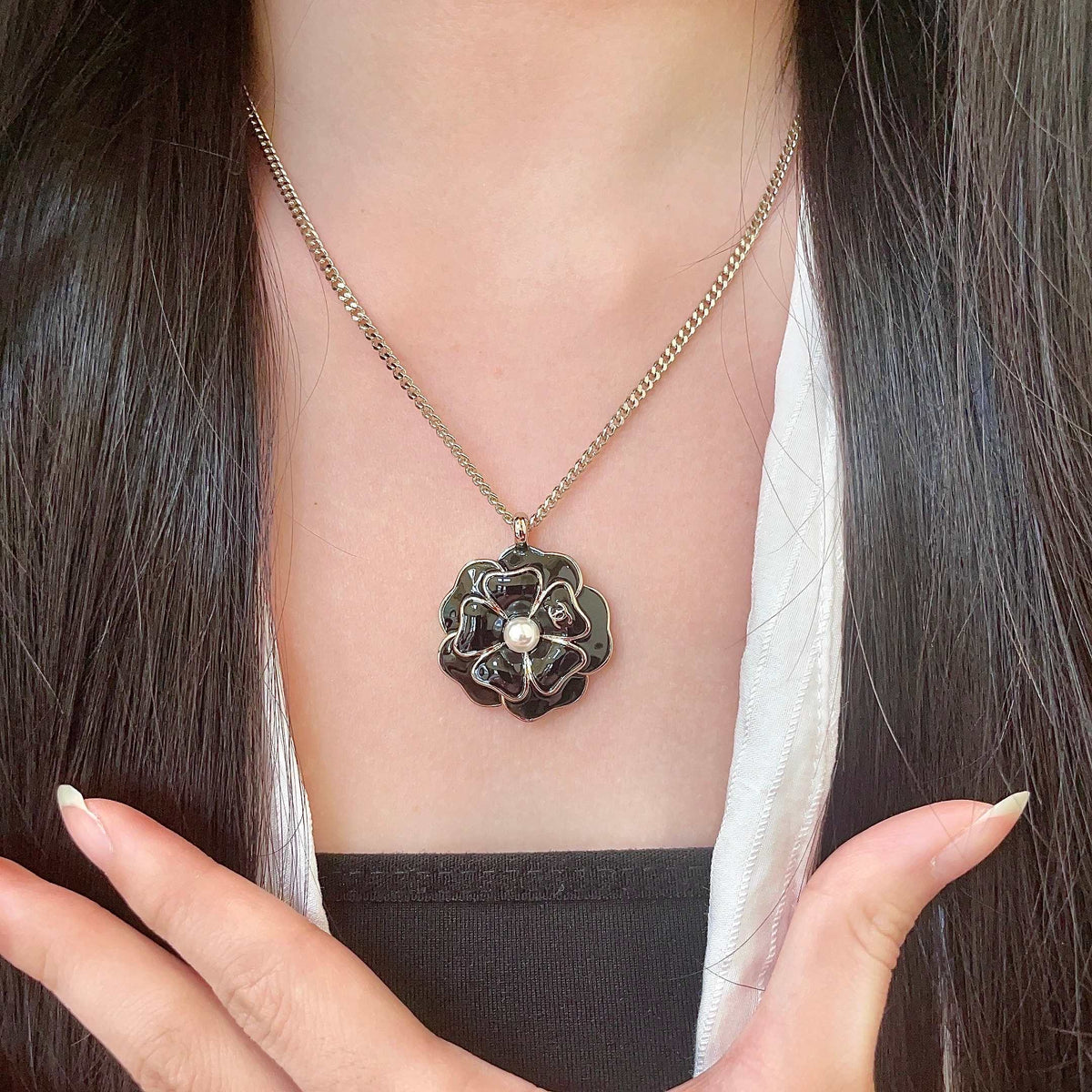 Camellia Pendant Necklace in Polished Metal-Tone – Camellia Detail – Design 004 front product view