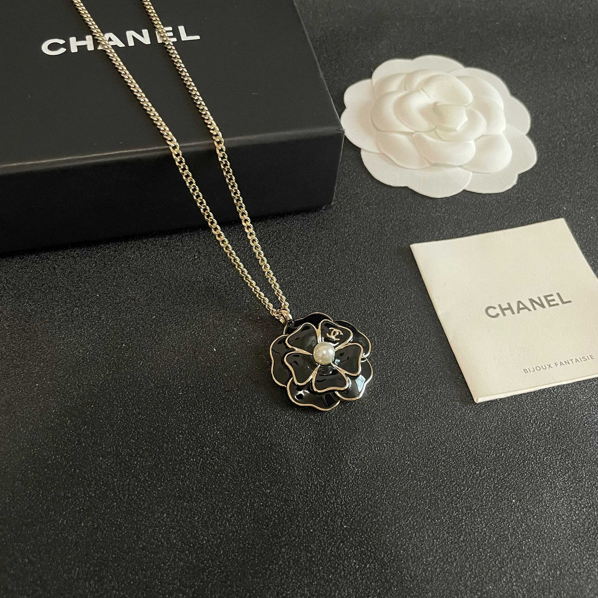 Camellia Pendant Necklace in Polished Metal-Tone – Camellia Detail – Design 012 styled product view