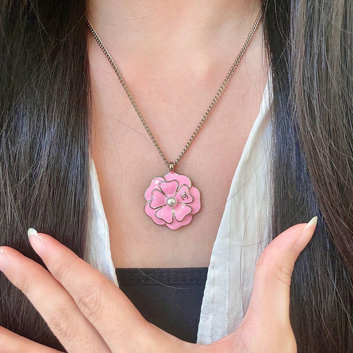 Camellia Pendant Necklace in Polished Metal-Tone – Camellia Detail – Design 011 front product view