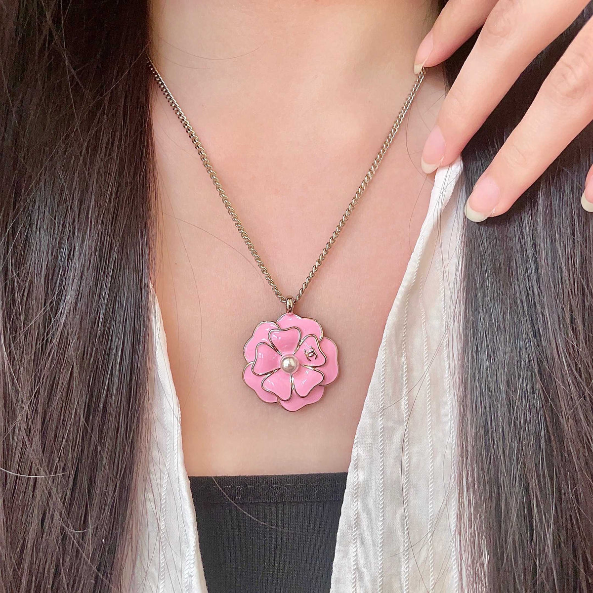 Camellia Pendant Necklace in Polished Metal-Tone – Camellia Detail – Design 011 main product view