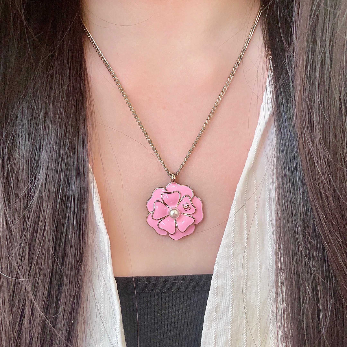 Camellia Pendant Necklace in Polished Metal-Tone – Camellia Detail – Design 005 detail view