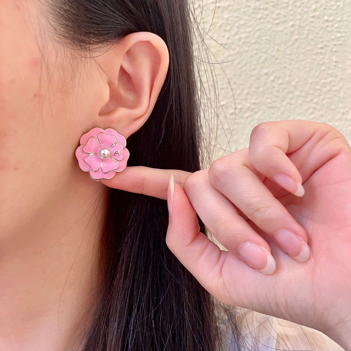 Camellia Stud Earrings in Polished Metal-Tone – Camellia Detail – Design 021 front product view