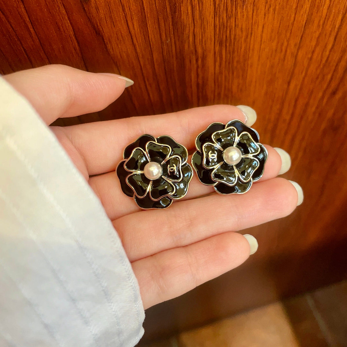 Camellia Stud Earrings in Polished Metal-Tone – Camellia Detail – Design 022 side detail