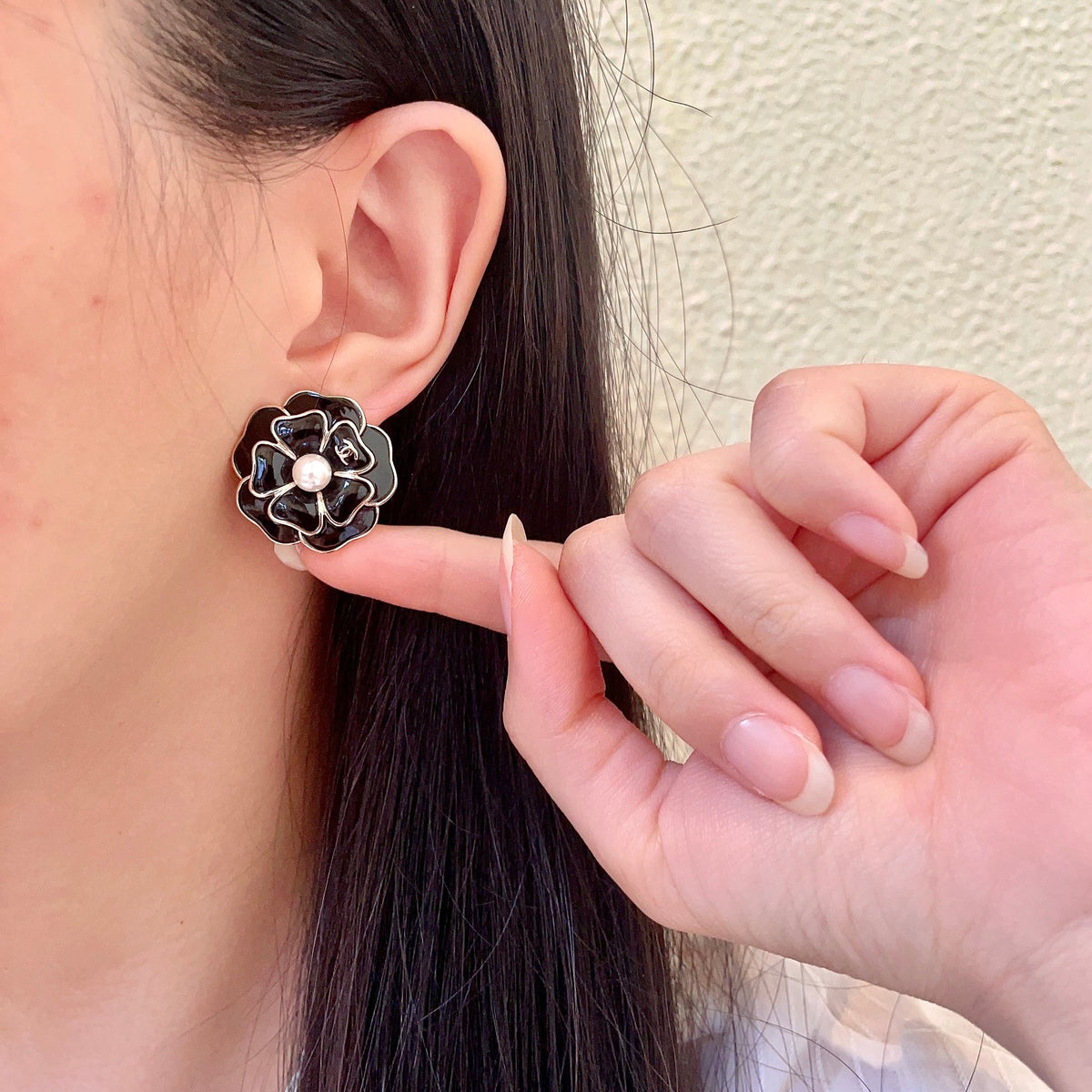 Camellia Stud Earrings in Polished Metal-Tone – Camellia Detail – Design 022 front product view