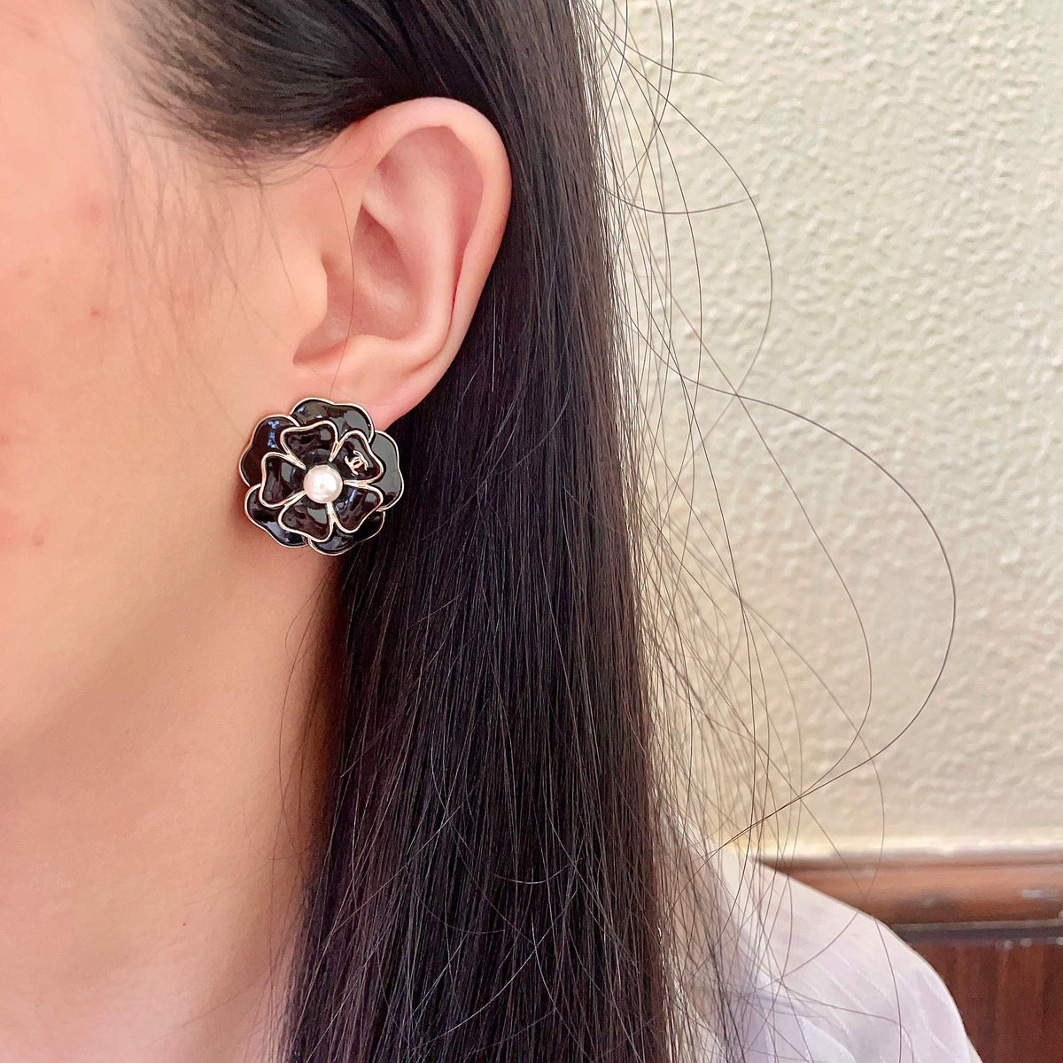 Camellia Stud Earrings in Polished Metal-Tone – Camellia Detail – Design 020 detail view