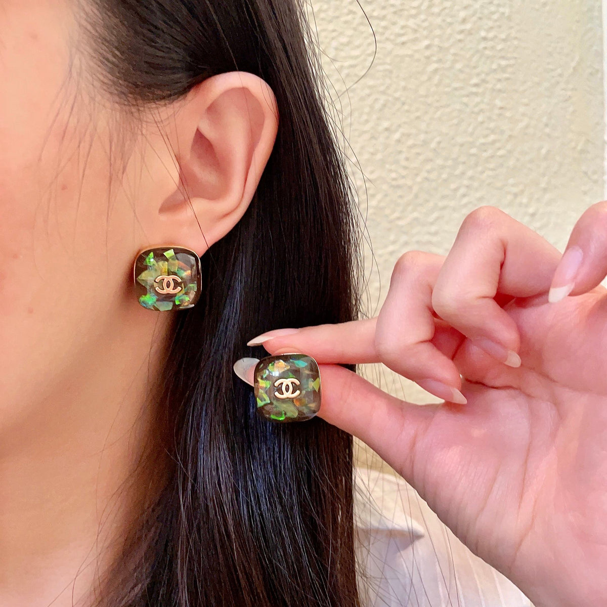 Double-C Emblem Stud Earrings in Polished Metal-Tone – Design 103 main product view