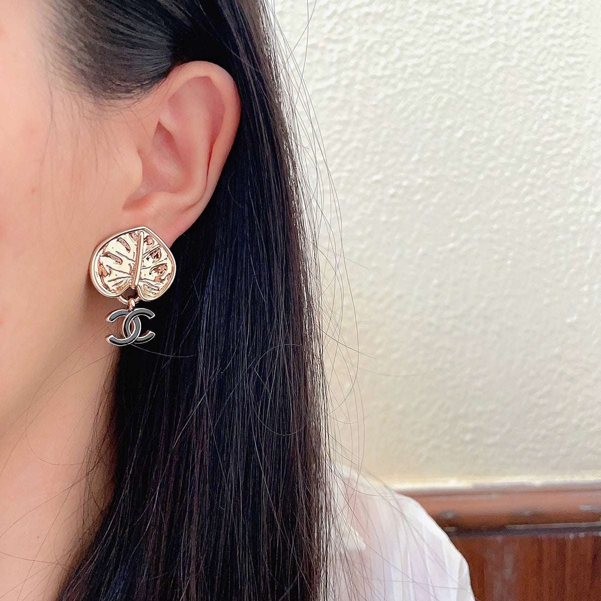 Double-C Emblem Statement Earrings in Polished Metal-Tone – Design 014 detail view