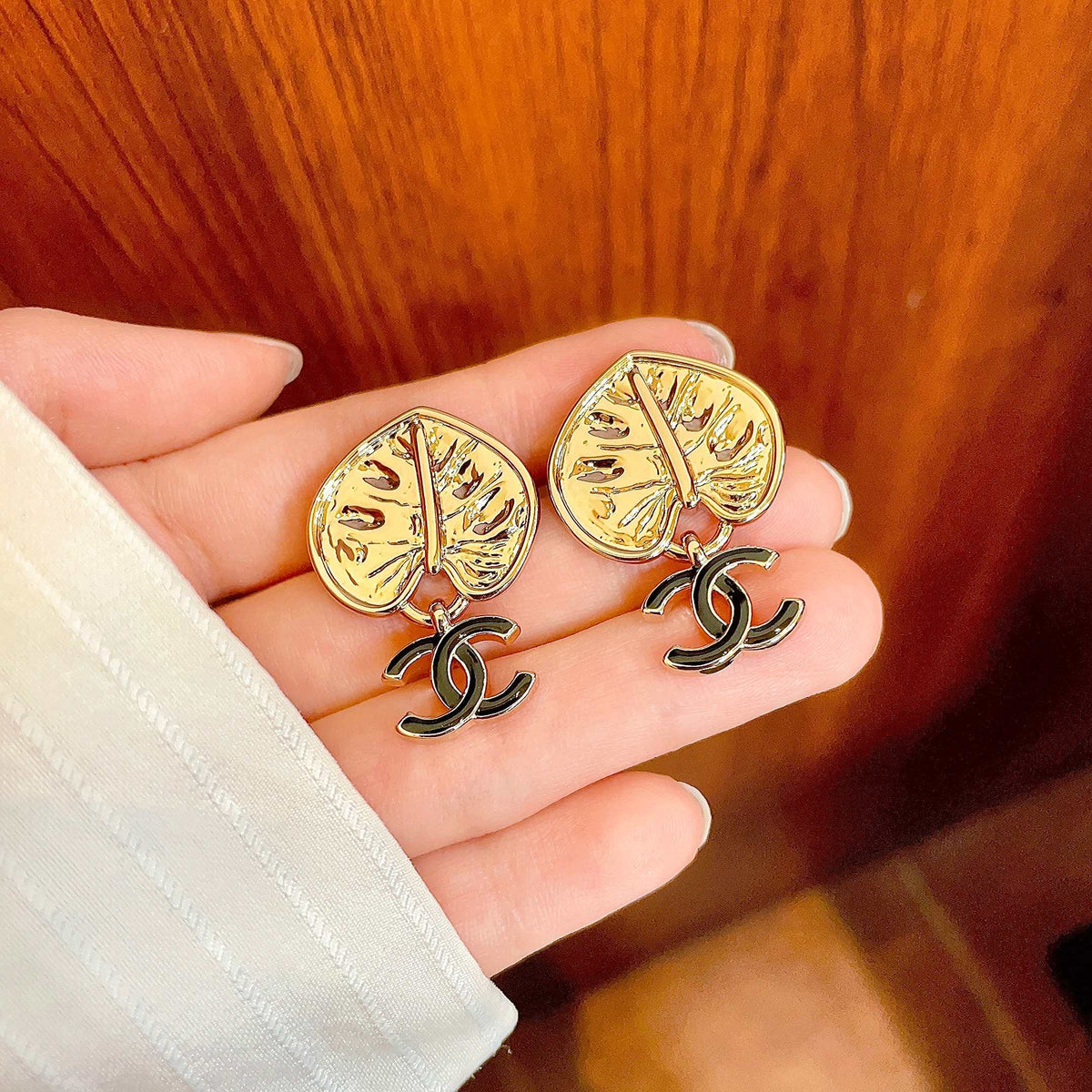 Double-C Emblem Statement Earrings in Polished Metal-Tone – Design 012 side detail
