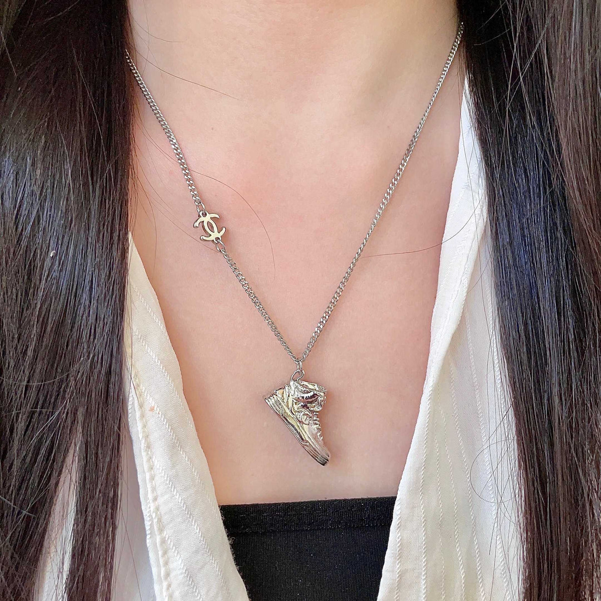 Signature Emblem Pendant Necklace in Polished Metal-Tone – Design 102 detail view