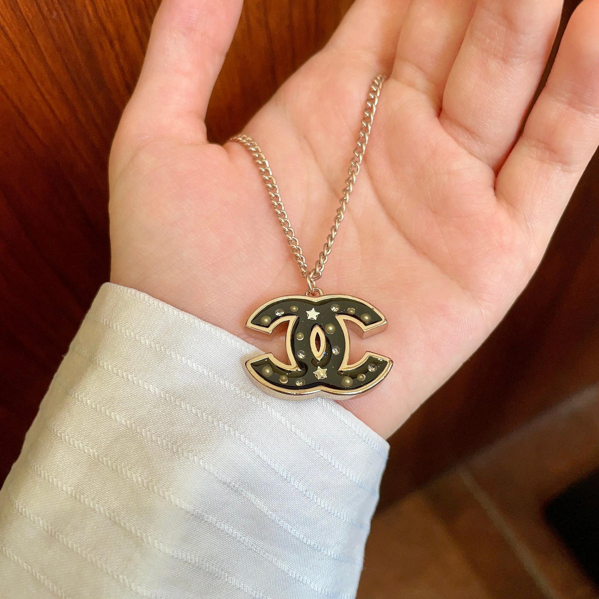 Signature Emblem Pendant Necklace in Polished Metal-Tone – Design 104 side detail