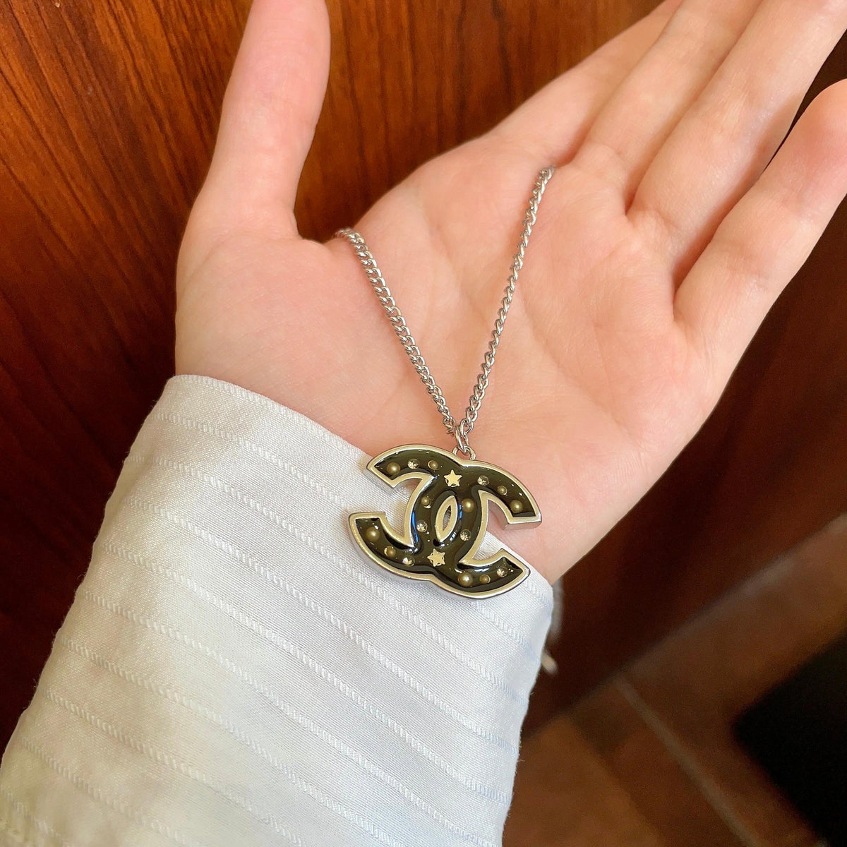 Signature Emblem Pendant Necklace in Polished Metal-Tone – Design 103 side detail