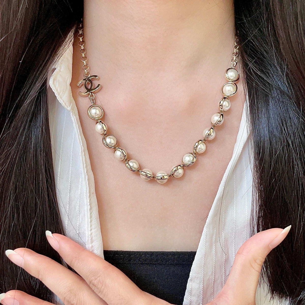 Double-C Emblem Pearl-Detail Pendant Necklace – Pearl Detail – Design 039 front product view