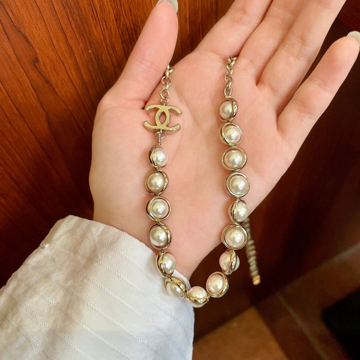 Double-C Emblem Pearl-Detail Pendant Necklace – Pearl Detail – Design 114 side detail