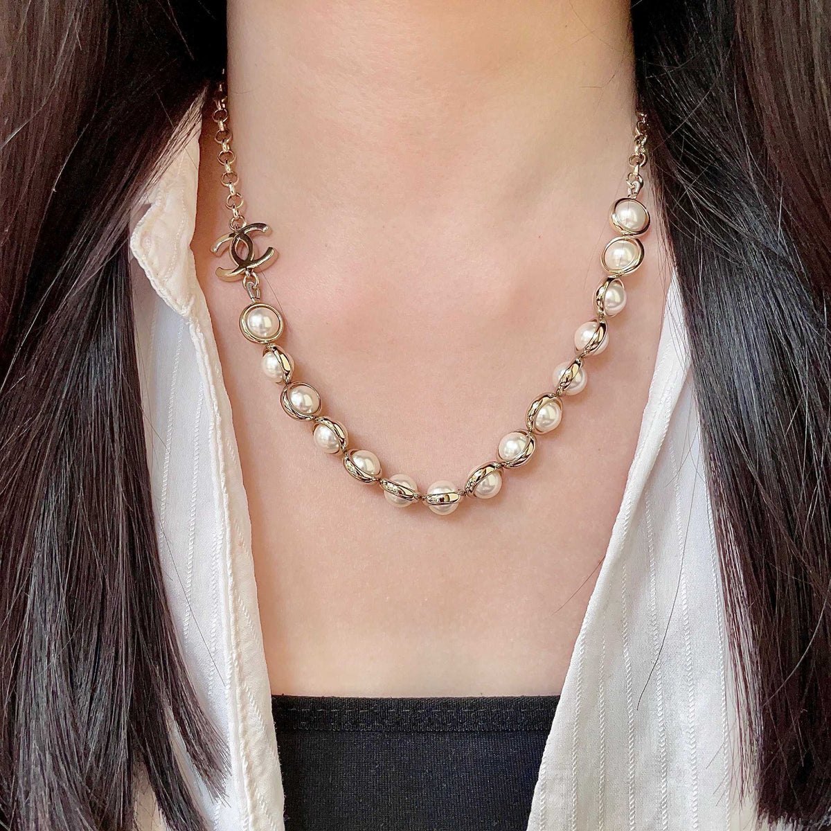 Double-C Emblem Pearl-Detail Pendant Necklace – Pearl Detail – Design 114 detail view