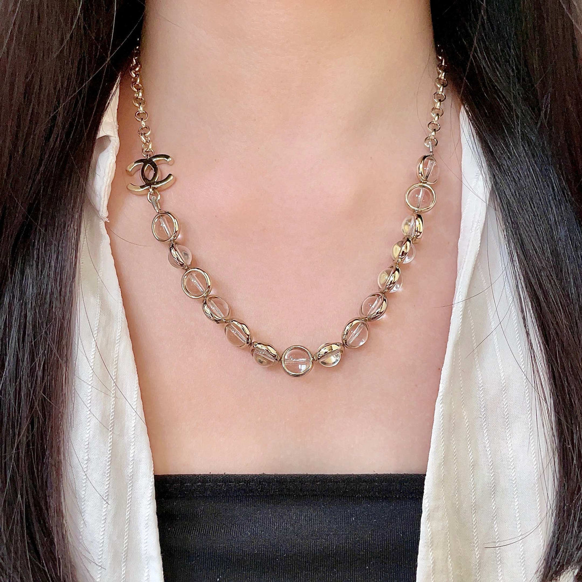 Double-C Emblem Pendant Necklace in Polished Metal-Tone – Design 068 detail view