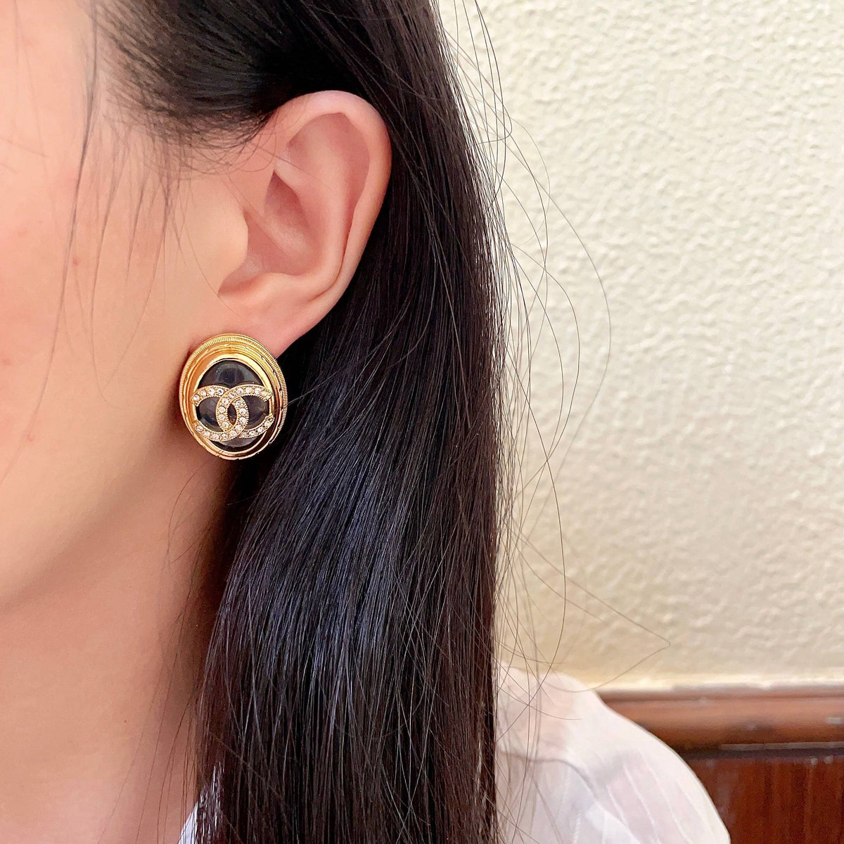 Double-C Emblem Crystal-Accent Stud Earrings – Design 020 detail view