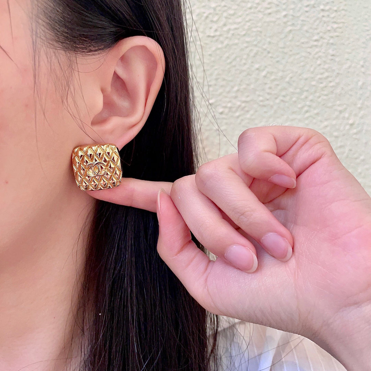 Double-C Emblem Stud Earrings in Polished Metal-Tone – Design 426 front product view