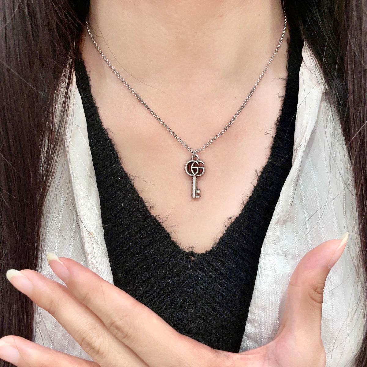Double-G Emblem Pendant Necklace in Polished Metal-Tone – Design 113 front product view