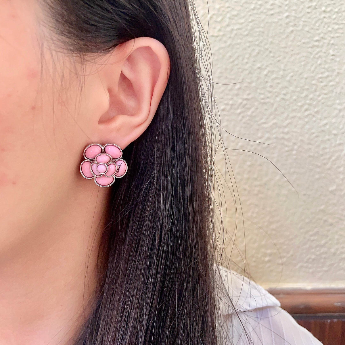 Camellia Stud Earrings in Polished Metal-Tone – Camellia Detail – Design 053 detail view
