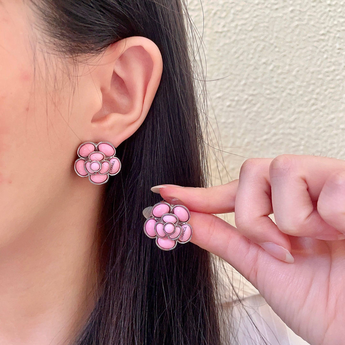 Camellia Stud Earrings in Polished Metal-Tone – Camellia Detail – Design 053 main product view