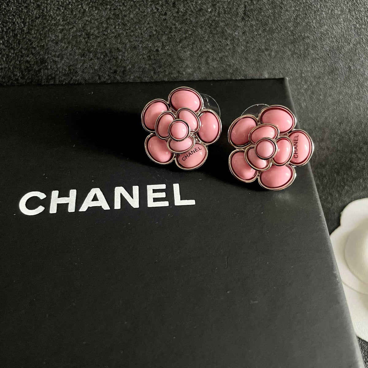 Camellia Stud Earrings in Polished Metal-Tone – Camellia Detail – Design 059 detail view