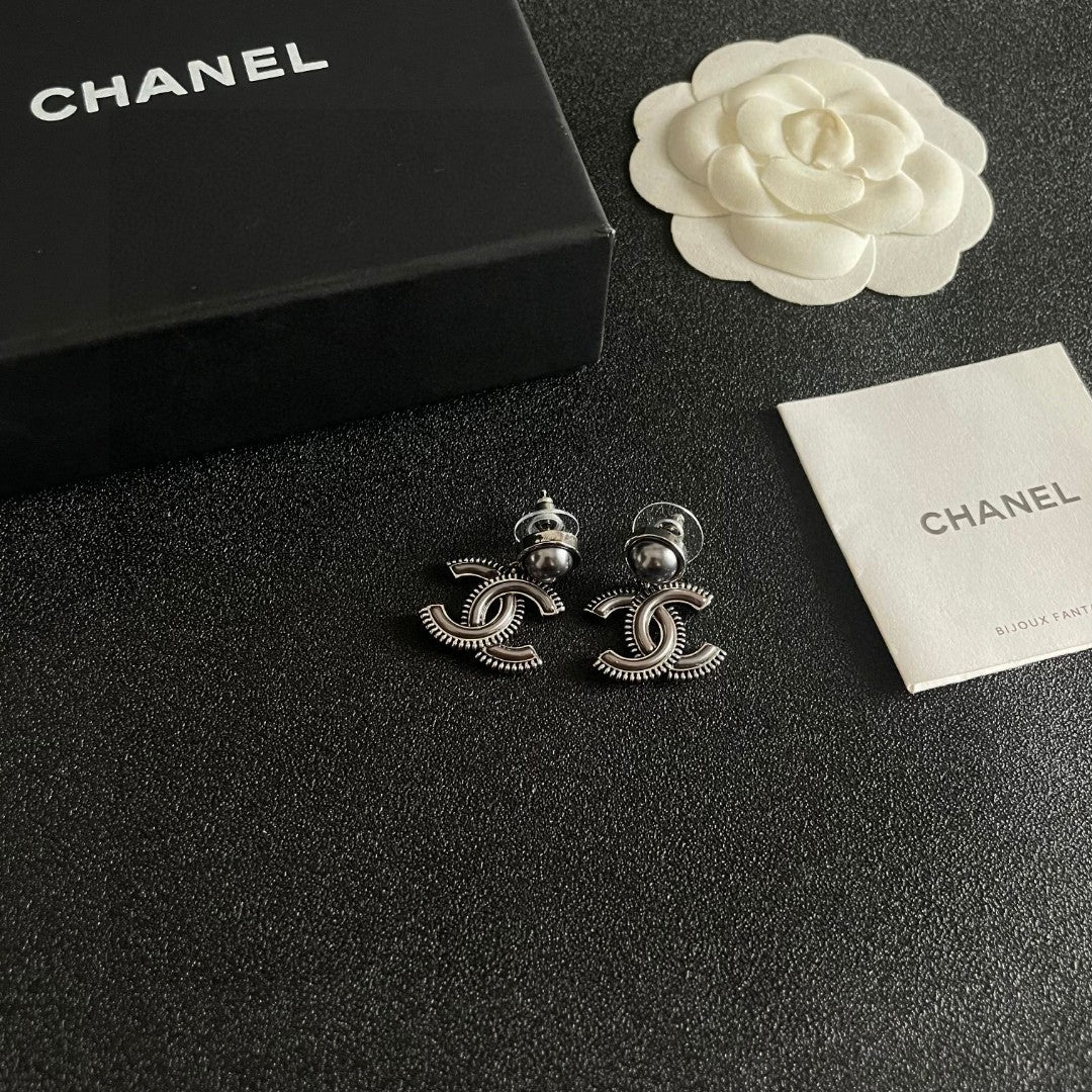 Double-C Emblem Pearl-Detail Statement Earrings – Pearl Detail – Design 013 styled product view