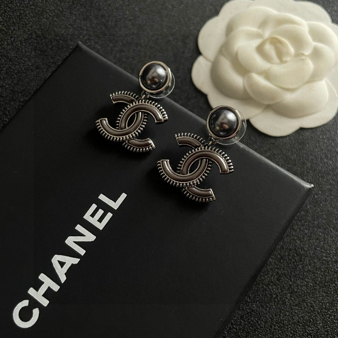 Double-C Emblem Pearl-Detail Statement Earrings – Pearl Detail – Design 013 detail view