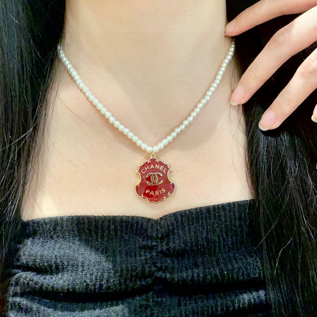 Double-C Emblem Pearl-Detail Pendant Necklace – Pearl Detail – Design 032 main product view